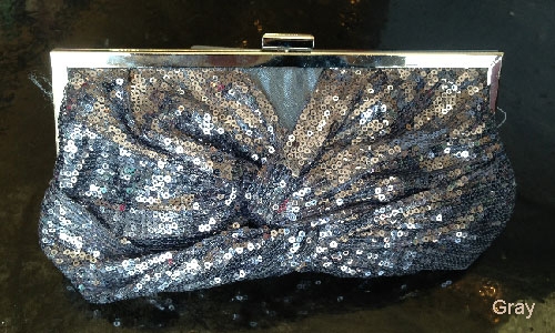 Front Twist Sequined Evening Bag with Metal Trim — in Gray