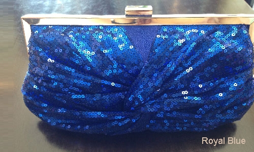 Front Twist Sequined Evening Bag with Metal Trim — in Royal Blue