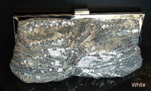 Front Twist Sequined Evening Bag with Metal Trim — in White