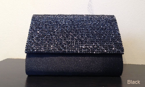 Rhinestones Flap Evening Bag in Polyester Satin — in Black