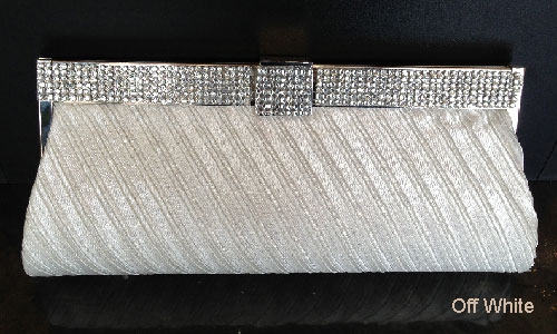 Diagonal Patterned Evening Bag with Rhinestones Metal Trim — in Off White