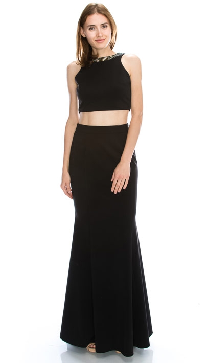 Beaded Neck Crop Top Fitted Skirt Two-Piece Prom Dress — in Black