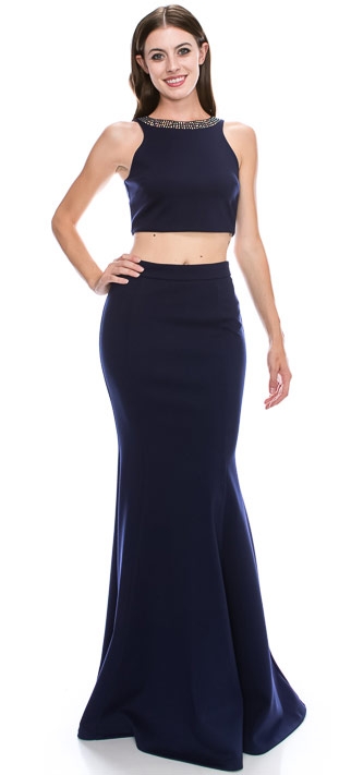 Beaded Neck Crop Top Fitted Skirt Two-Piece Prom Dress