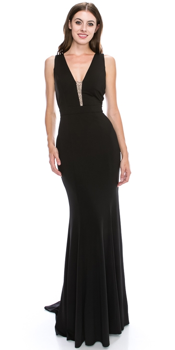 V-neck Sequins Accent Fitted Long Formal Evening Dress — in Black