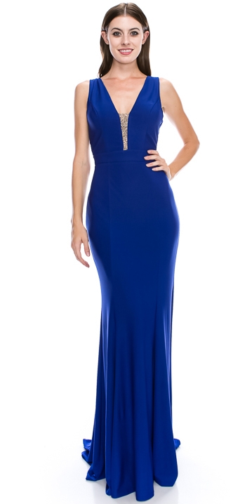V-neck Sequins Accent Fitted Long Formal Evening Dress — in Royal Blue