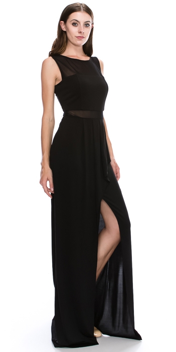 Round Neck Sleeveless Sheer Neck & Waist Long Formal Dress — in Black