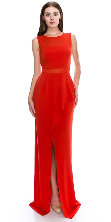 Round Neck Sleeveless Sheer Neck & Waist Long Formal Dress