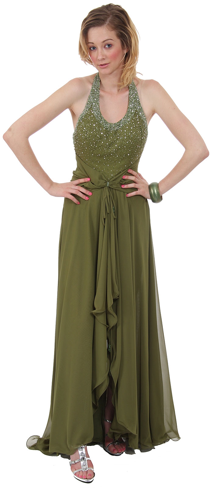 Beaded Halter Formal Prom Dress with Shirrs and Ruffles