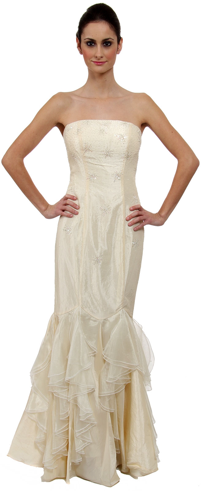 Beaded Mermaid Cut Style and Ruffled Prom Dress — in Ivory