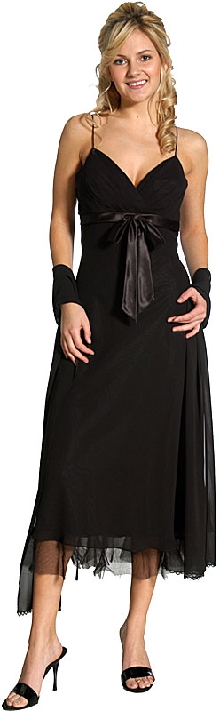 Spaghetti Straps Satin Bow Tea Length Cocktail Party Dress — in Black