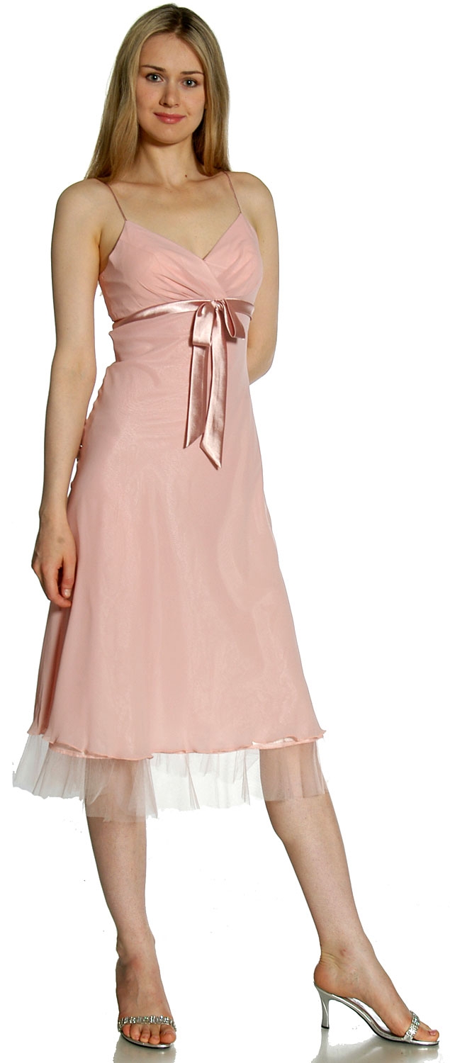 Spaghetti Straps Satin Bow Tea Length Cocktail Party Dress — in Dusty Rose