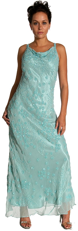 Double Strapped Floral Beaded Formal Dress — in Aqua