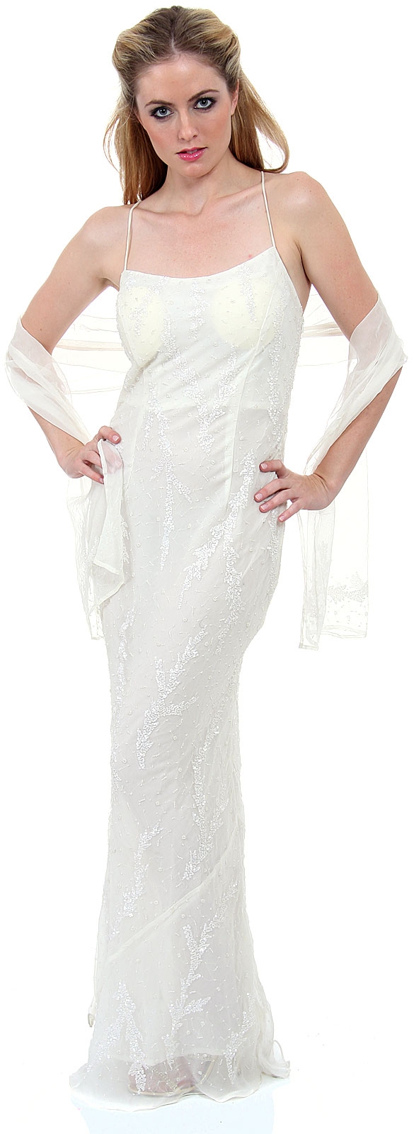 Straight Formal Prom Dress Beaded on Silk — in Ivory color