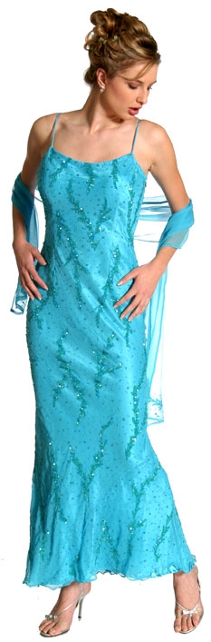Straight Formal Prom Dress Beaded on Silk — in Turquoise