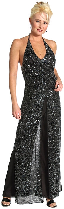 Halter Neck Beaded Long Dress with Attached Pants 