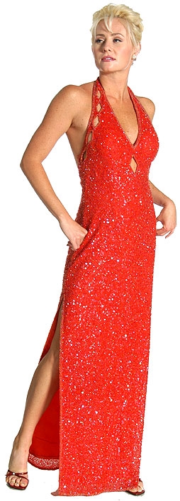 Halter Beaded Long Formal Gown — in Red