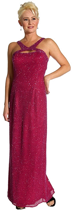 Front Keyhole with Open Back Fully Beaded Formal Gown — in Cranberry