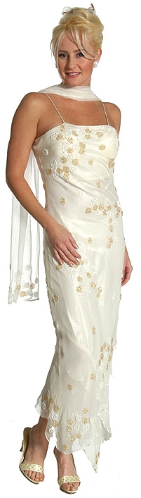 Formal Dress with Beaded Flower Patterns — in Ivory