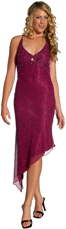 Asymmetric Beaded Formal Dress — in Cranberry