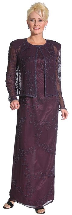 Handbeaded Full Dress with Jacket — in Plum color