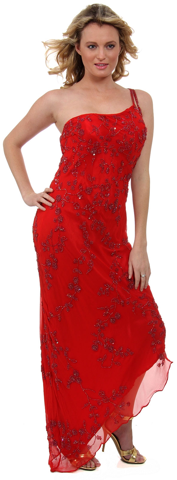 One Shoulder Prom Dress with Beaded Miniature Flowers — in Red