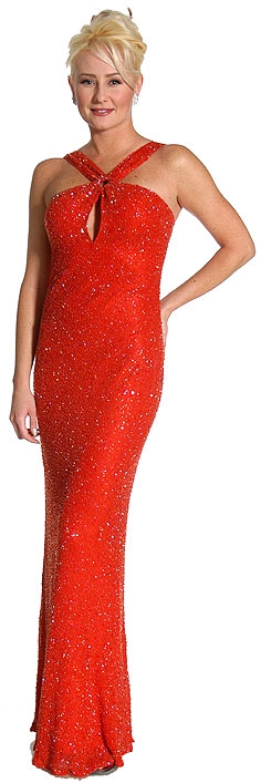 Halter Neck Long Beaded Gown with Flared Bottom — in Red color
