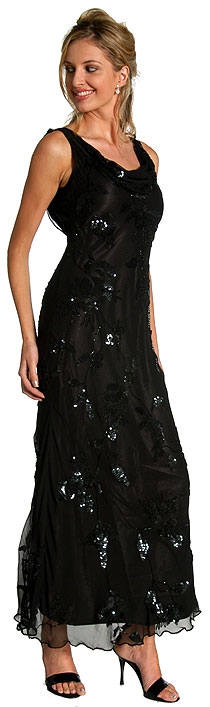Cowl Neck Sequined Long Formal Dress with Floral Beading — in Black