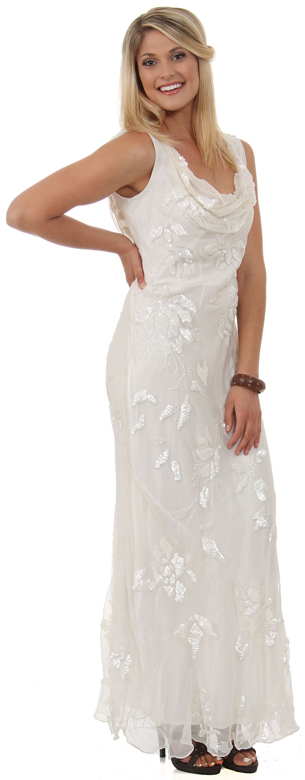 Cowl Neck Sequined Long Formal Dress with Floral Beading