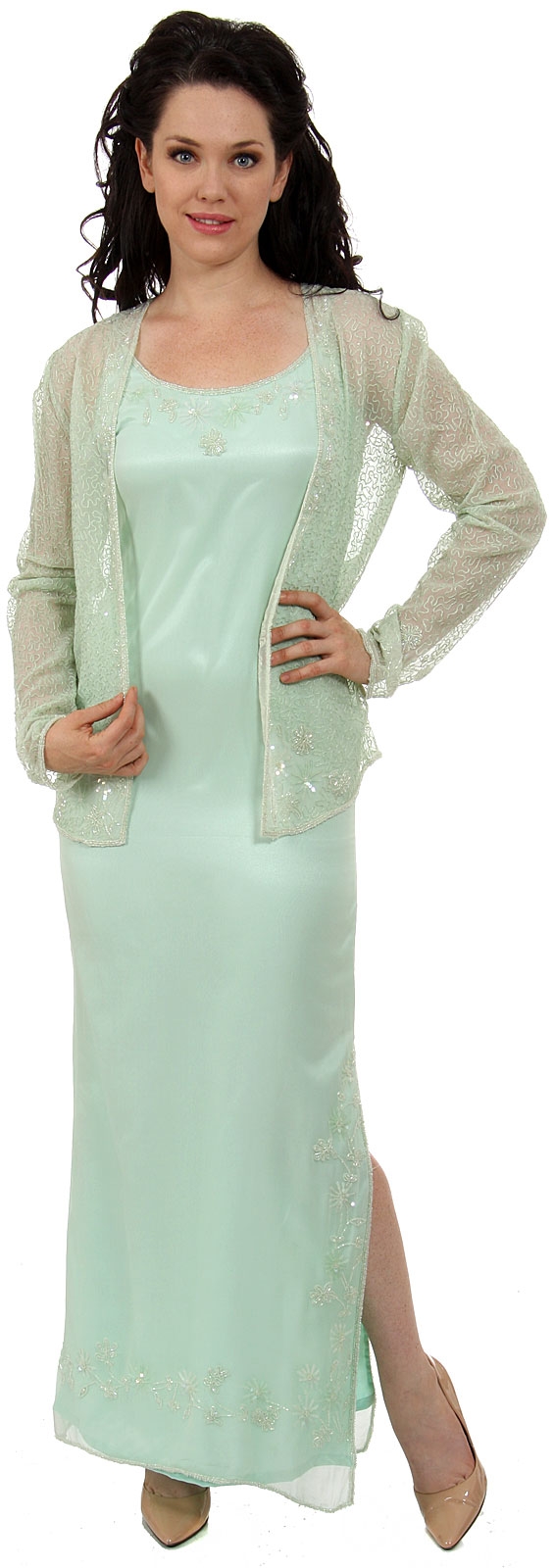 Long Formal Beaded Dress with Matching Jacket  — with Jacket