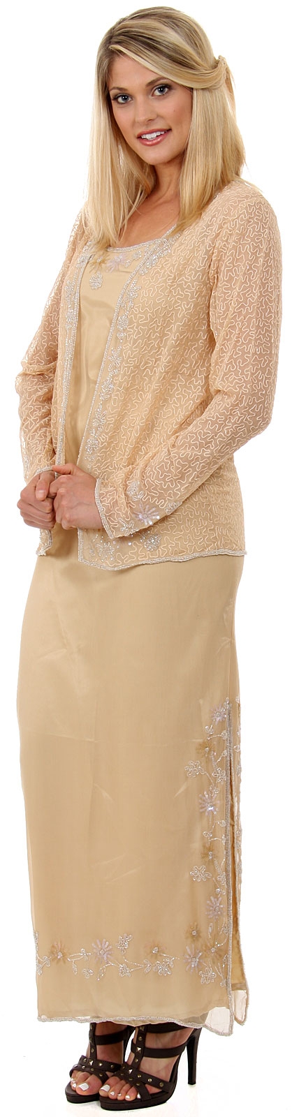 Long Formal Beaded Dress with Matching Jacket  — in Taupe