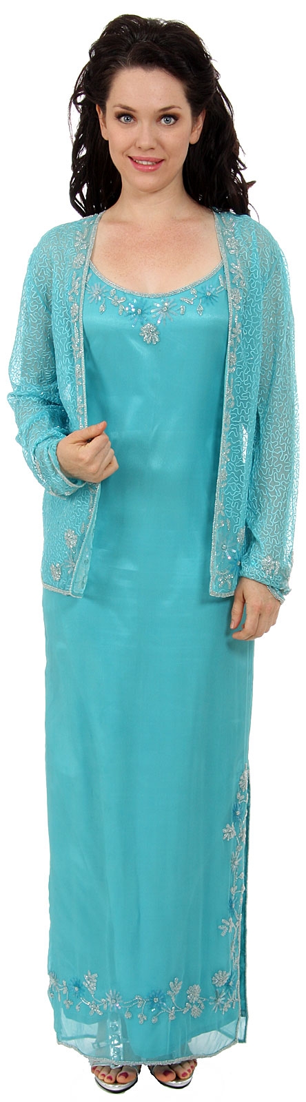 Long Formal Beaded Dress with Matching Jacket  — in Turquoise with Jacket