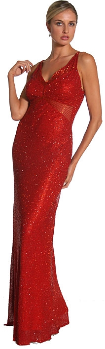 Fully Beaded Slim Cut Formal Dress — in Red color