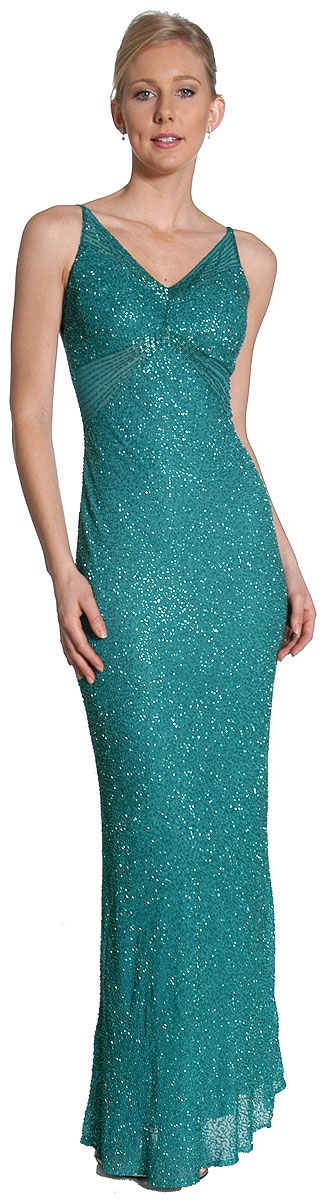 Fully Beaded Slim Cut Formal Dress — in Green color