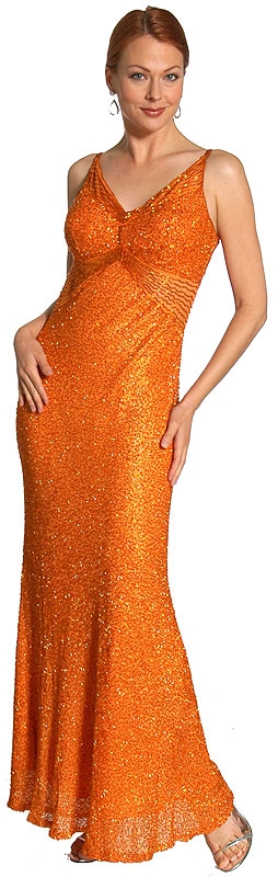 Fully Beaded Slim Cut Formal Dress — in Orange