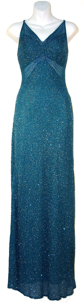 Fully Beaded Slim Cut Formal Dress — in Teal color