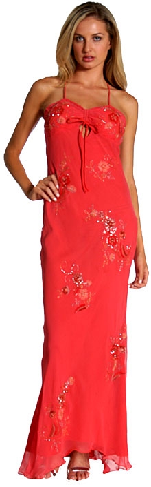 Floral Beaded Full Length Formal Dress — in Rose Pink/Coral