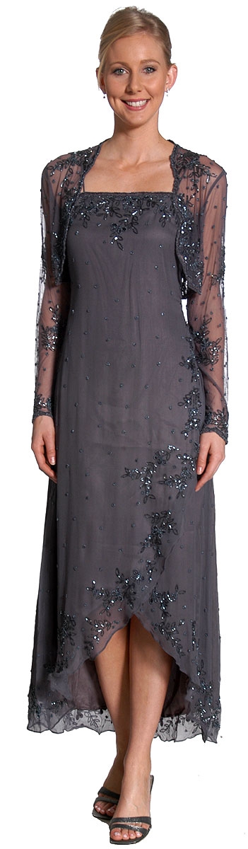 2 Piece Floral Beaded Formal Dress — in Charcoal color