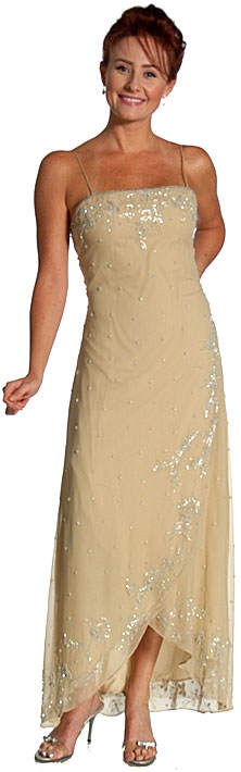 2 Piece Floral Beaded Formal Dress — in Taupe color