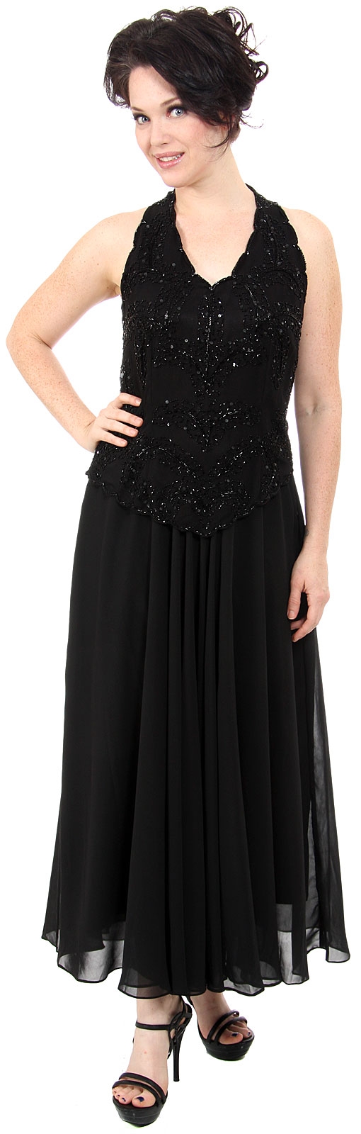 Long Formal Dress with Hand Beaded Top and Flared Skirt — in alternative picture