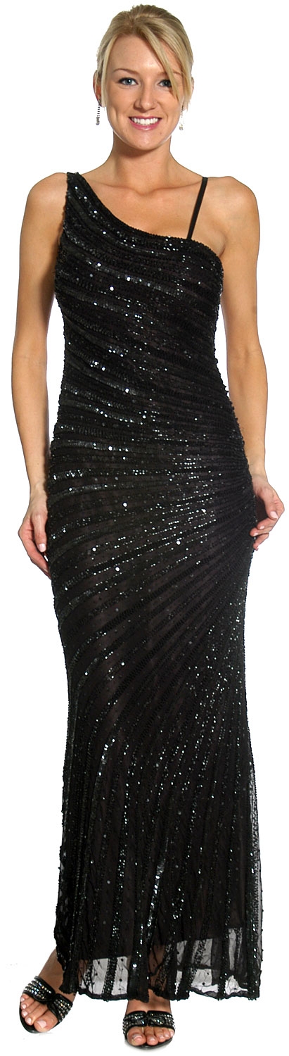 Striped Sequin Beaded Formal Evening Dress — in Black
