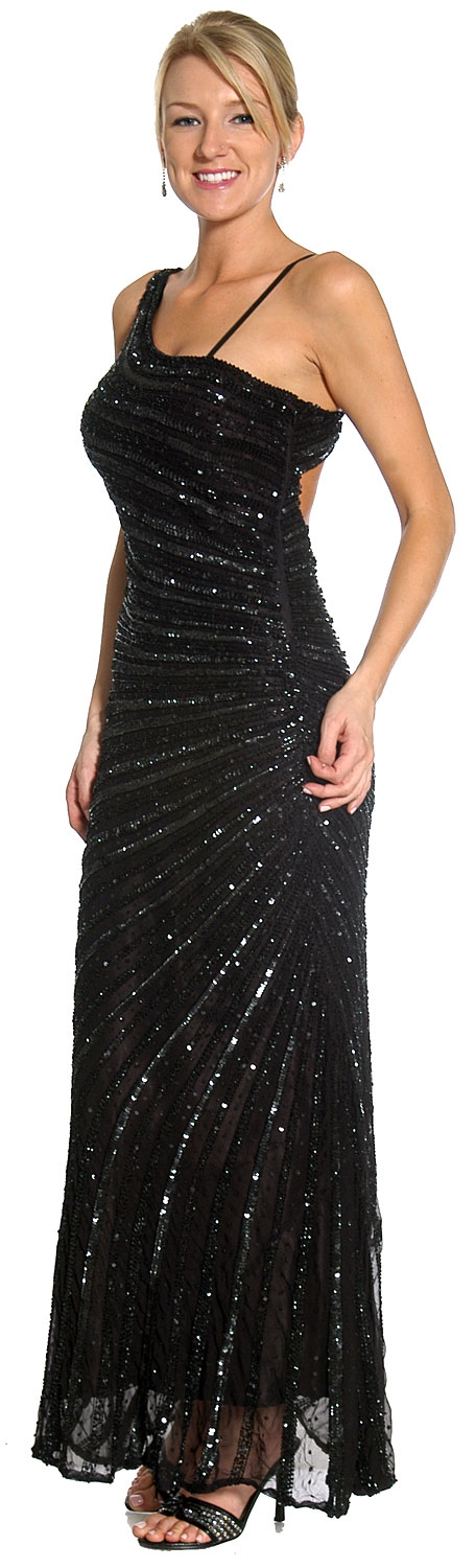Striped Sequin Beaded Formal Evening Dress — in alternative view