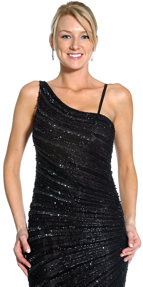 Striped Sequin Beaded Formal Evening Dress — in closeup