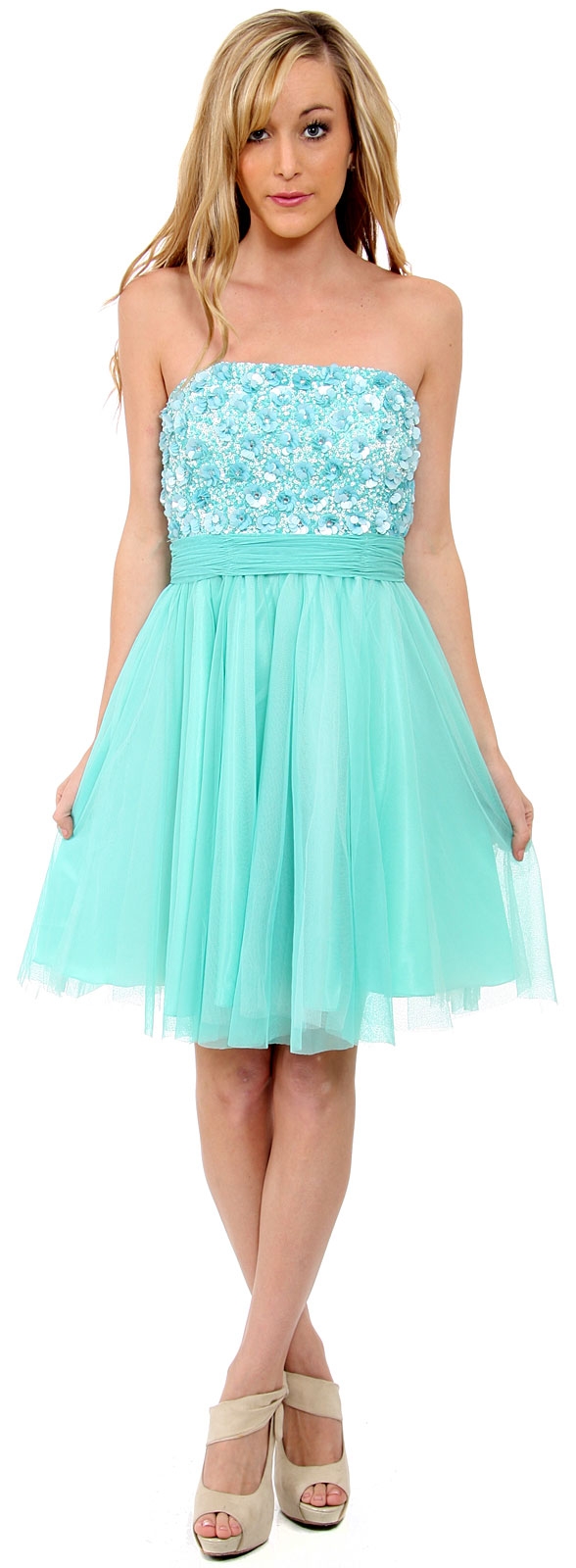 Strapless Flowered Sequined Short Dress — in Aqua/Multi