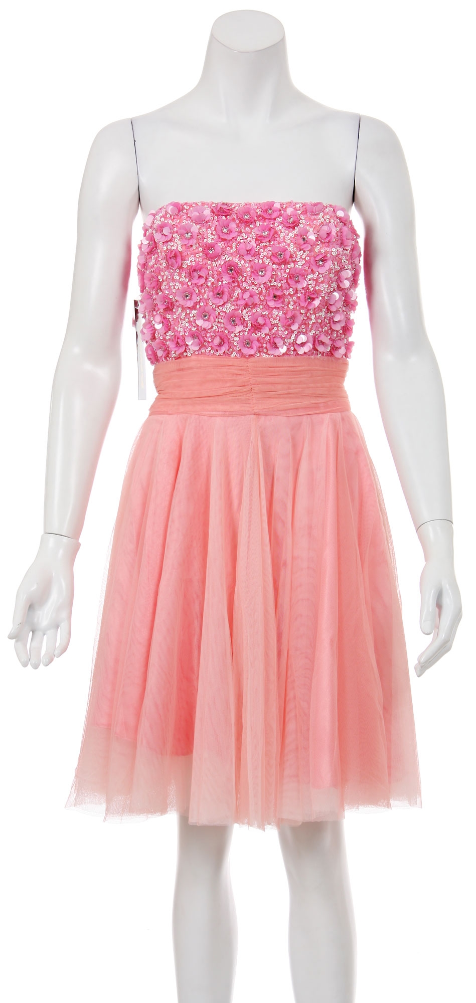 Strapless Flowered Sequined Short Dress — in Pink/Peach