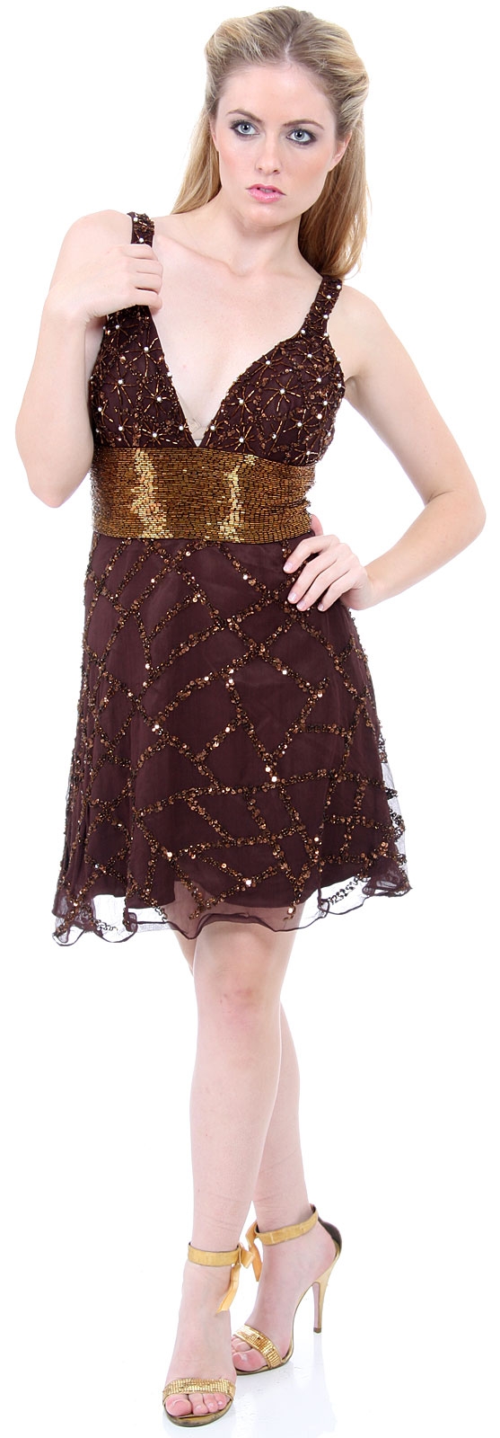 Fully Beaded V-Neck Short Dress — in Bronze color