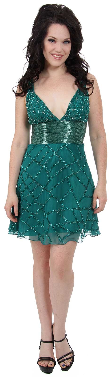 Fully Beaded V-Neck Short Dress — in Jade Green