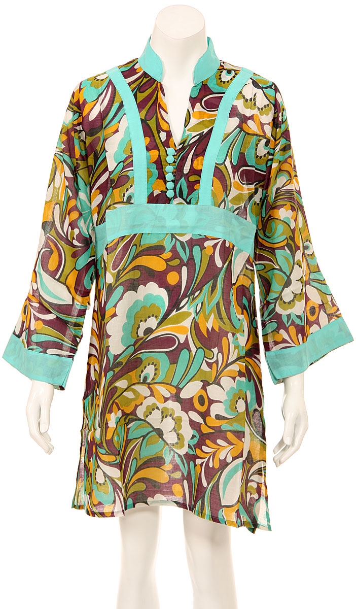 Long Sleeve Floral Print Aqua Summer Dress