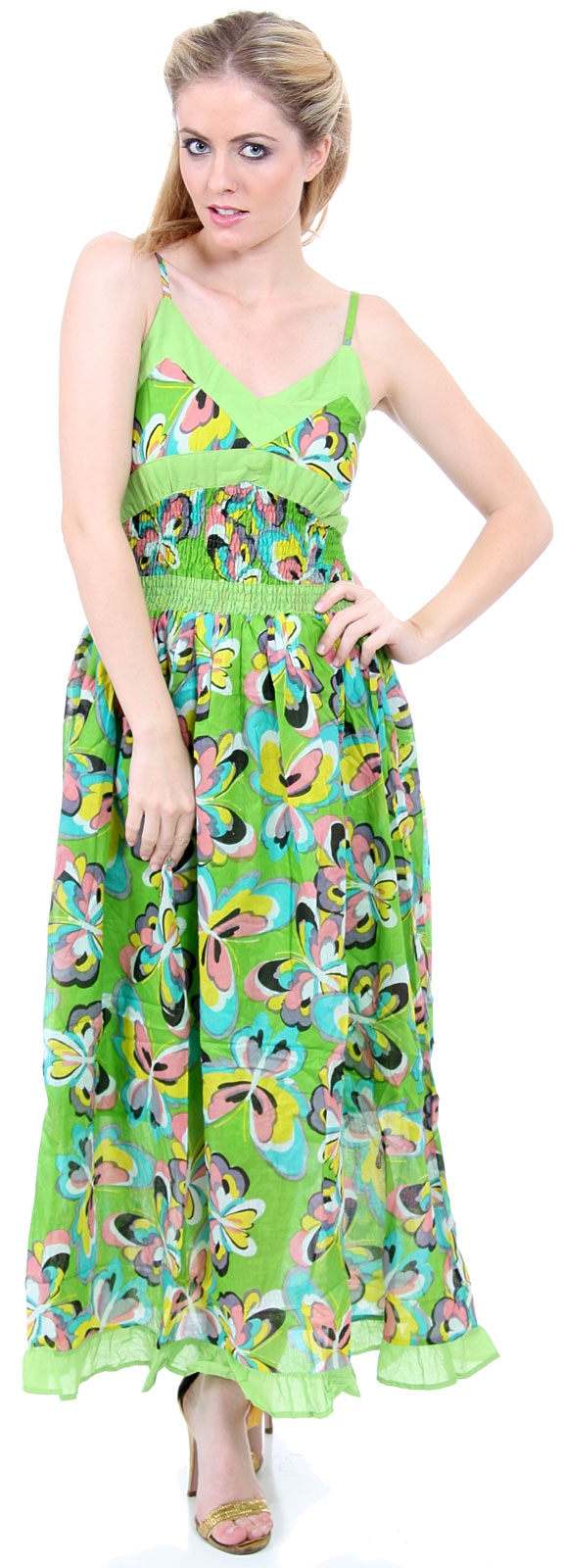 Spaghetti Strapped Butterfly Print Summer Dress in Lime