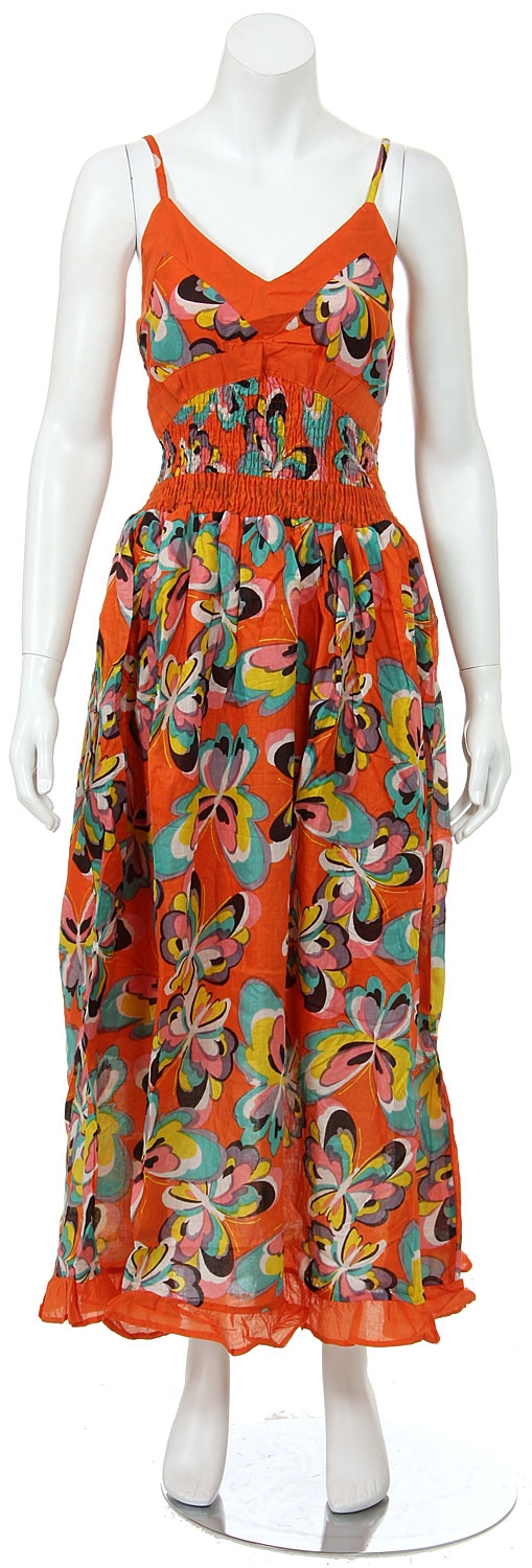 Spaghetti Strapped Butterfly Print Summer Dress in Orange