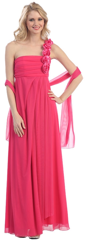 One Shoulder Formal Dress with Floral Detail — in Fuchsia